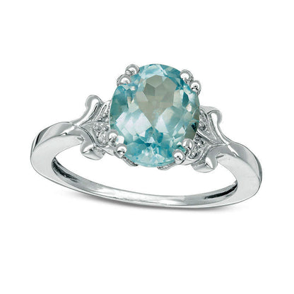 Oval Blue Topaz and Natural Diamond Accent Antique Vintage-Style Ring in Sterling Silver
