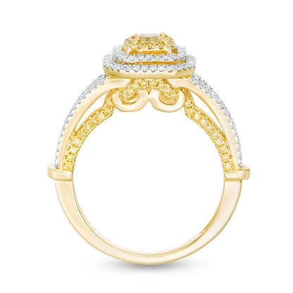 1.0 CT. T.W. Cushion-Cut Yellow and White Natural Diamond Triple Frame Engagement Ring in Solid 14K Two Tone Gold - Size 7