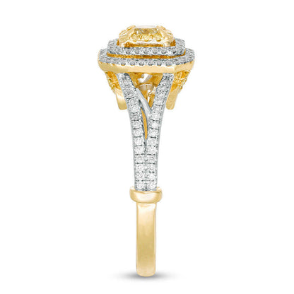 1.0 CT. T.W. Cushion-Cut Yellow and White Natural Diamond Triple Frame Engagement Ring in Solid 14K Two Tone Gold - Size 7