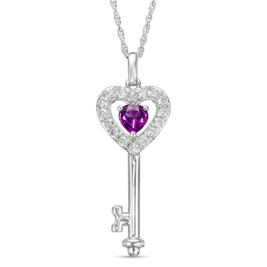 5.0mm Amethyst and Lab-Created White Sapphire Heart-Top Key Pendant in Sterling Silver