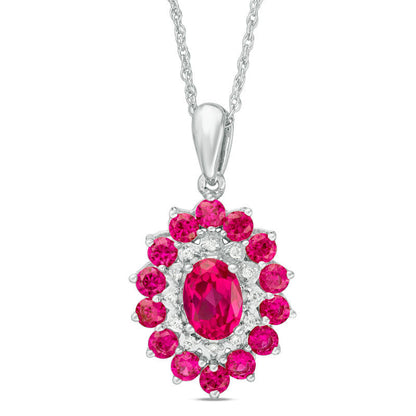 Oval Lab-Created Ruby and 0.05 CT. T.W. Diamond Double Frame Pendant in 10K White Gold