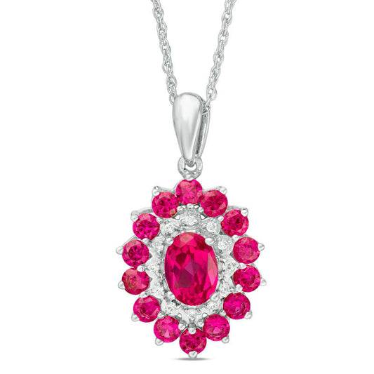 Oval Lab-Created Ruby and 0.05 CT. T.W. Diamond Double Frame Pendant in 10K White Gold