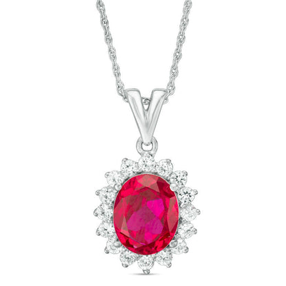 Oval Lab-Created Ruby and White Sapphire Sunburst Frame Pendant in Sterling Silver