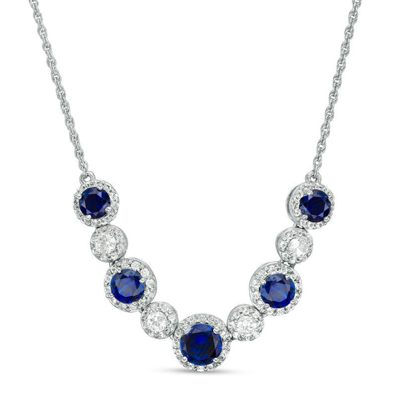 Alternating Lab-Created Blue and White Sapphire Frame Necklace in Sterling Silver