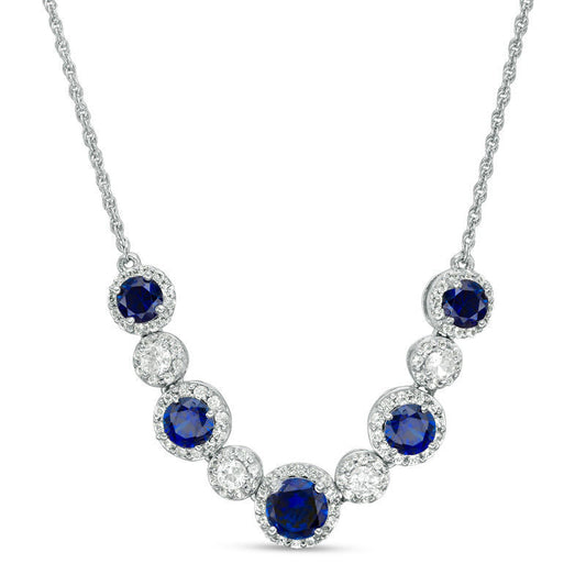 Alternating Lab-Created Blue and White Sapphire Frame Necklace in Sterling Silver