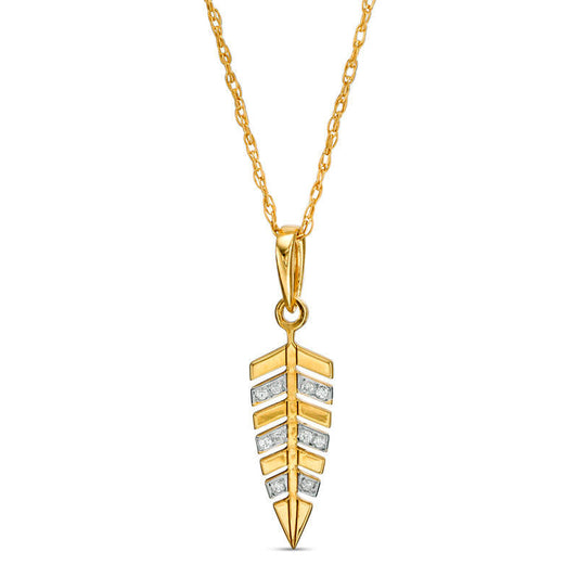 Natural Diamond Accent Laser-Cut Feather Pendant in 10K Yellow Gold