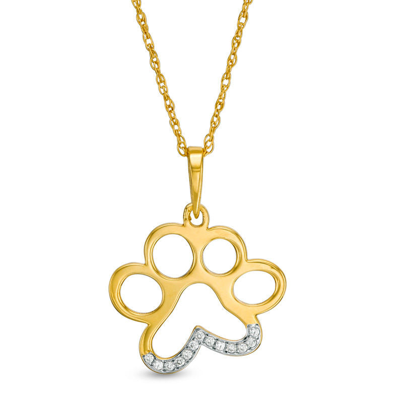Natural Diamond Accent Laser-Cut Dog Paw Print Pendant in 10K Yellow Gold