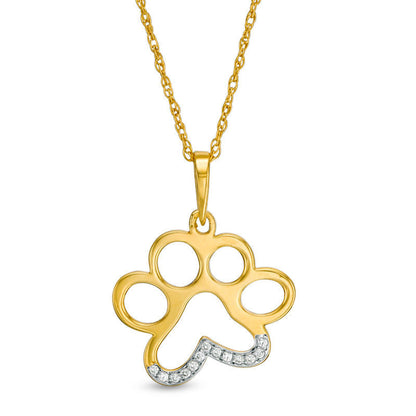 Natural Diamond Accent Laser-Cut Dog Paw Print Pendant in 10K Yellow Gold