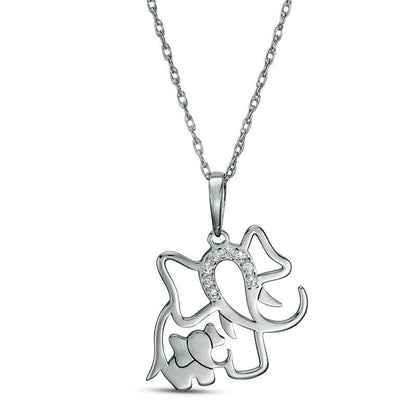 Natural Diamond Accent Laser-Cut Elephant and Calf Pendant in 10K White Gold