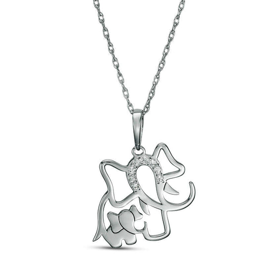 Natural Diamond Accent Laser-Cut Elephant and Calf Pendant in 10K White Gold