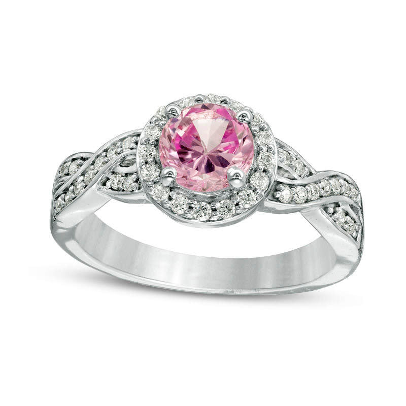 7.0mm Lab-Created Pink Sapphire and 0.25 CT. T.W. Diamond Braid Engagement Ring in Sterling Silver