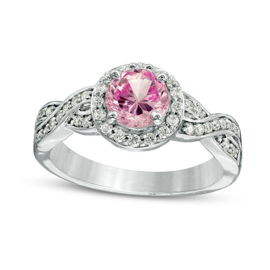7.0mm Lab-Created Pink Sapphire and 0.25 CT. T.W. Diamond Braid Engagement Ring in Sterling Silver