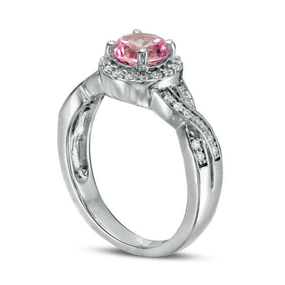 7.0mm Lab-Created Pink Sapphire and 0.25 CT. T.W. Diamond Braid Engagement Ring in Sterling Silver