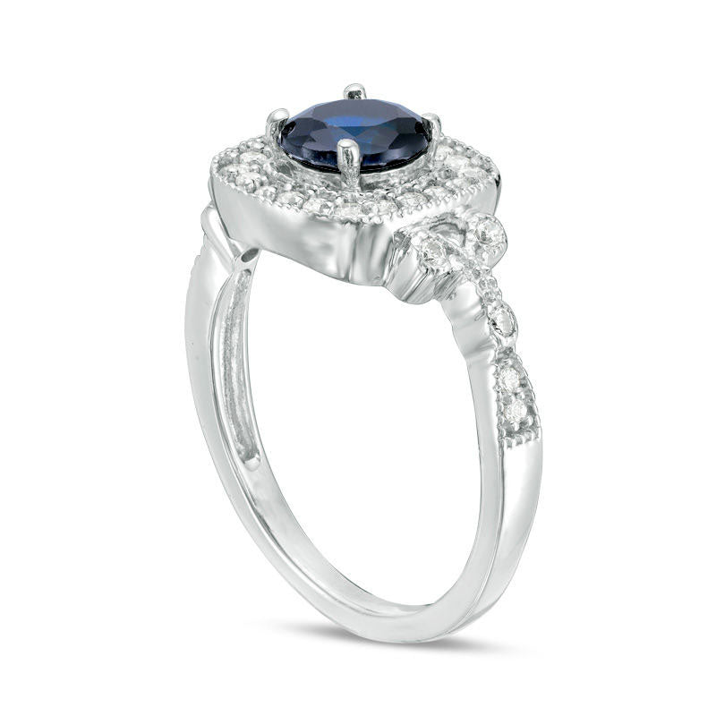 6.0mm Lab-Created Blue Sapphire and 0.25 CT. T.W. Diamond Frame Antique Vintage-Style Engagement Ring in Solid 10K White Gold