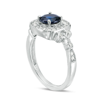 6.0mm Lab-Created Blue Sapphire and 0.25 CT. T.W. Diamond Frame Antique Vintage-Style Engagement Ring in Solid 10K White Gold
