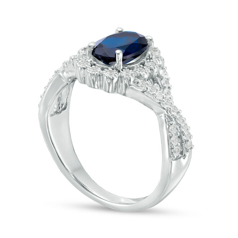 Oval Lab-Created Blue and White Sapphire Scallop Frame Engagement Ring in Sterling Silver