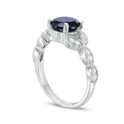 7.0mm Lab-Created Blue Sapphire and 0.17 CT. T.W. Diamond Antique Vintage-Style Petals Engagement Ring in Solid 10K White Gold