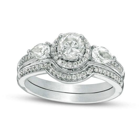 5.0mm Lab-Created White Sapphire and 0.17 CT. T.W. Diamond Frame Bridal Engagement Ring Set in Sterling Silver