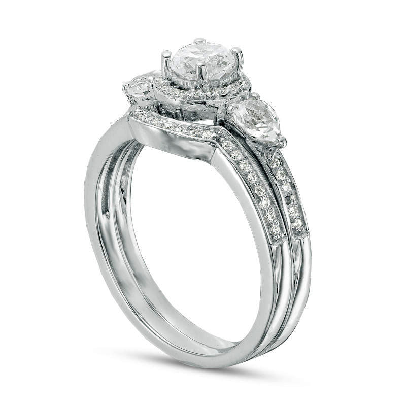 5.0mm Lab-Created White Sapphire and 0.17 CT. T.W. Diamond Frame Bridal Engagement Ring Set in Sterling Silver