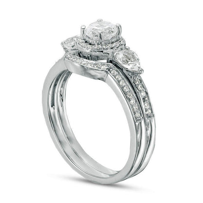 5.0mm Lab-Created White Sapphire and 0.17 CT. T.W. Diamond Frame Bridal Engagement Ring Set in Sterling Silver