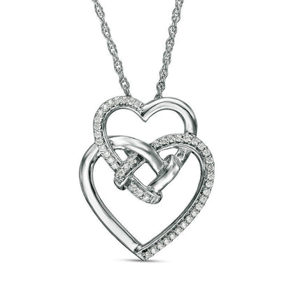 0.1 CT. T.W. Natural Diamond Love Knot Double Tilted Heart Pendant in Sterling Silver