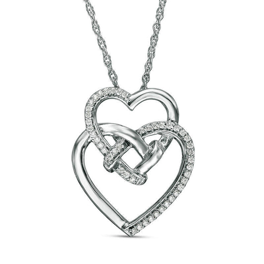 0.1 CT. T.W. Natural Diamond Love Knot Double Tilted Heart Pendant in Sterling Silver
