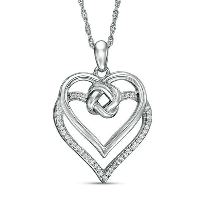 0.1 CT. T.W. Natural Diamond Love Knot Double Heart Pendant in Sterling Silver