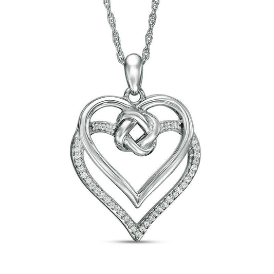 0.1 CT. T.W. Natural Diamond Love Knot Double Heart Pendant in Sterling Silver