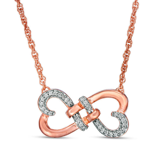 0.1 CT. T.W. Natural Diamond Love Knot Double Heart Necklace in 10K Rose Gold - 17.5