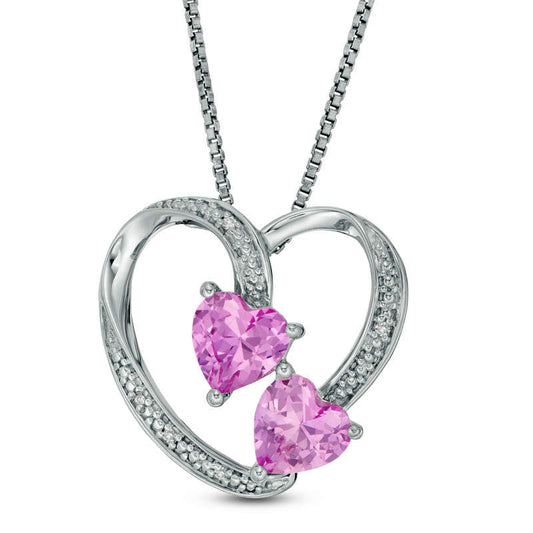 6.0mm Lab-Created Pink Sapphire and Diamond Accent Loop Heart Pendant in Sterling Silver
