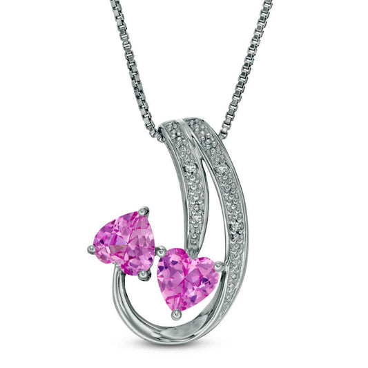 6.0mm Heart-Shaped Lab-Created Pink Sapphire and Diamond Accent Double Swirl Pendant in Sterling Silver