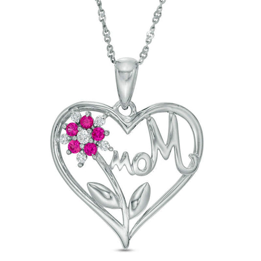 Lab-Created Ruby and White Sapphire Mom" Flower Heart Pendant in Sterling Silver"