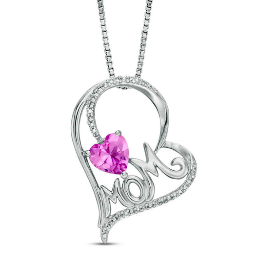 6.0mm Lab-Created Pink Sapphire and 0.07 CT. T.W. Diamond MOM" Tilted Heart Pendant in Sterling Silver"
