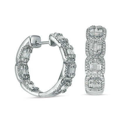 2 CT. T.W. Baguette and Round Diamond Inside-Out Hoop Earrings in 14K White Gold