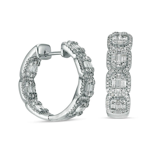 2 CT. T.W. Baguette and Round Diamond Inside-Out Hoop Earrings in 14K White Gold