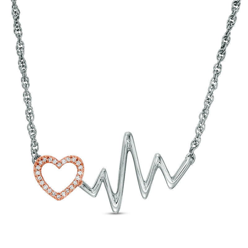 0.05 CT. T.W. Natural Diamond Heartbeat and Heart Necklace in Sterling Silver and 10K Rose Gold - 17