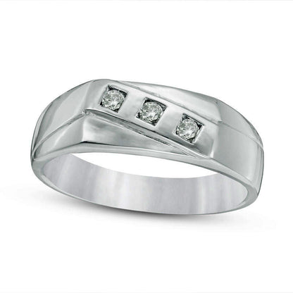 Men's 0.13 CT. T.W. Natural Diamond Three Stone Slant Band in Sterling Silver