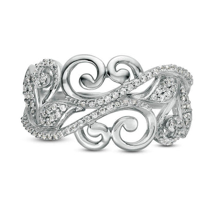 0.20 CT. T.W. Natural Diamond Scroll Vine with Leaves Anniversary Band in Solid 10K White Gold