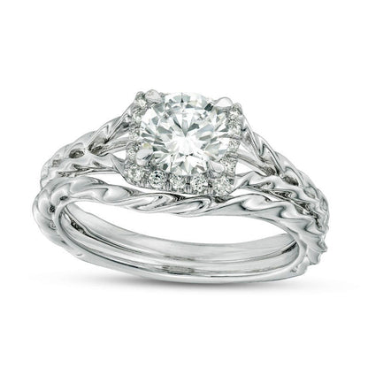 1.17 CT. T.W. Natural Diamond Square Frame Twist Rope Bridal Engagement Ring Set in Solid 14K White Gold