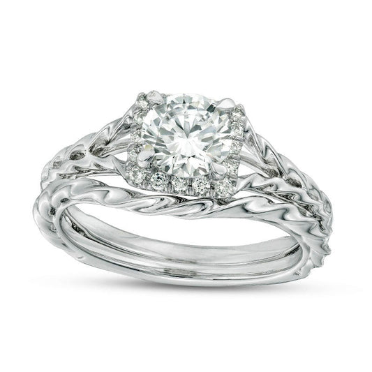 1.17 CT. T.W. Natural Diamond Square Frame Twist Rope Bridal Engagement Ring Set in Solid 14K White Gold