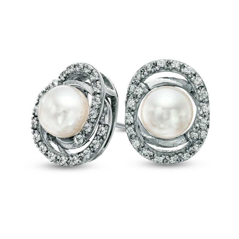 5.5 - 6.0mm Cultured Freshwater Pearl and Lab-Created White Sapphire Loop Earrings in Sterling Silver