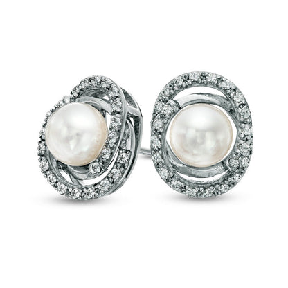 5.5 - 6.0mm Cultured Freshwater Pearl and Lab-Created White Sapphire Loop Earrings in Sterling Silver