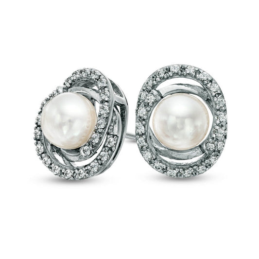 5.5 - 6.0mm Cultured Freshwater Pearl and Lab-Created White Sapphire Loop Earrings in Sterling Silver