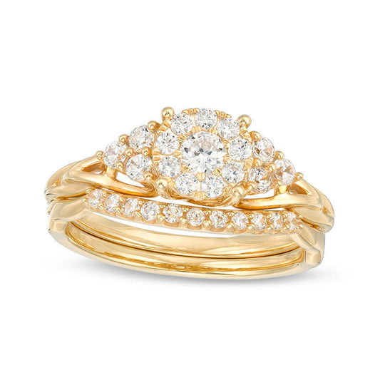 0.63 CT. T.W. Natural Diamond Frame Tri-Sides Braid Shank Bridal Engagement Ring Set in Solid 14K Gold