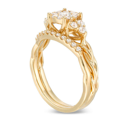 0.63 CT. T.W. Natural Diamond Frame Tri-Sides Braid Shank Bridal Engagement Ring Set in Solid 14K Gold
