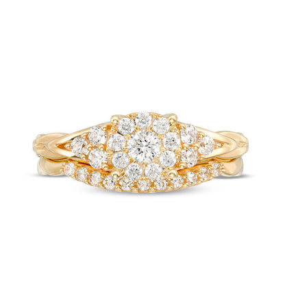 0.63 CT. T.W. Natural Diamond Frame Tri-Sides Braid Shank Bridal Engagement Ring Set in Solid 14K Gold