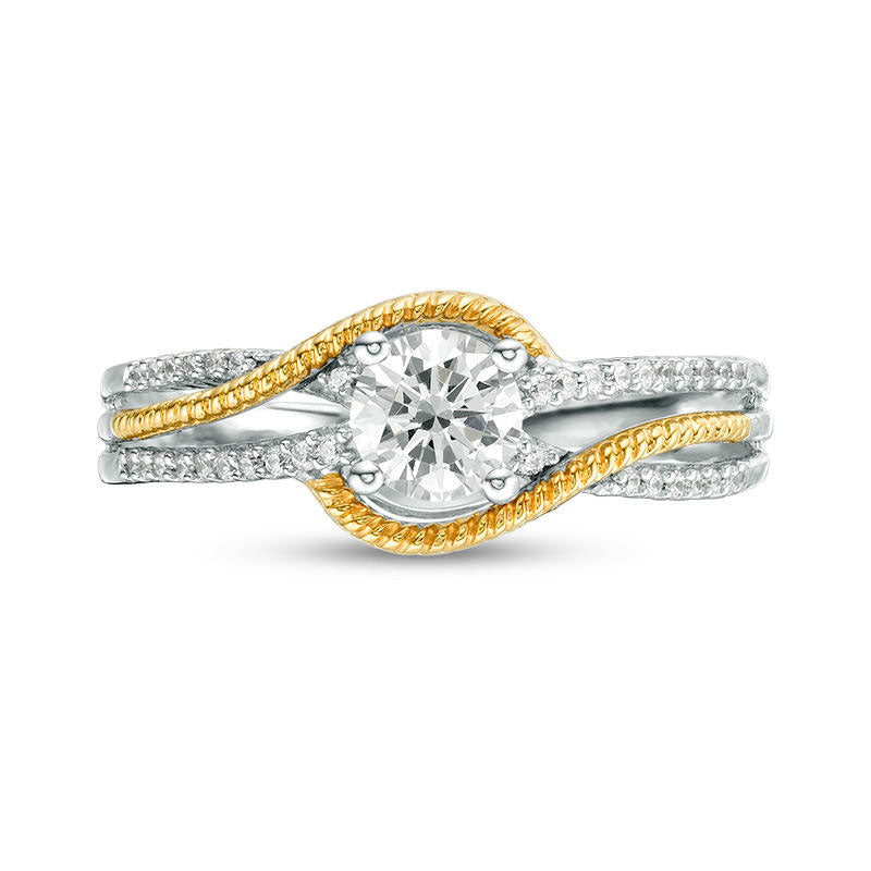 0.63 CT. T.W. Natural Diamond Multi-Row Rope Shank Bypass Engagement Ring in Solid 14K Two-Tone Gold