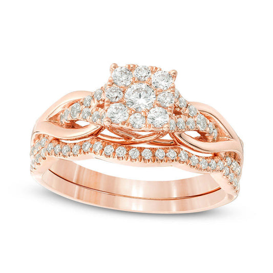 0.63 CT. T.W. Natural Diamond Square Frame Knot Shank Bridal Engagement Ring Set in Solid 14K Rose Gold