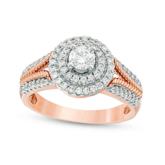 0.75 CT. T.W. Natural Diamond Double Frame Rope Shank Engagement Ring in Solid 14K Rose Gold