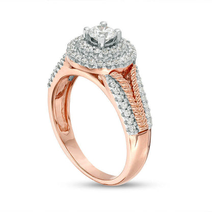 0.75 CT. T.W. Natural Diamond Double Frame Rope Shank Engagement Ring in Solid 14K Rose Gold